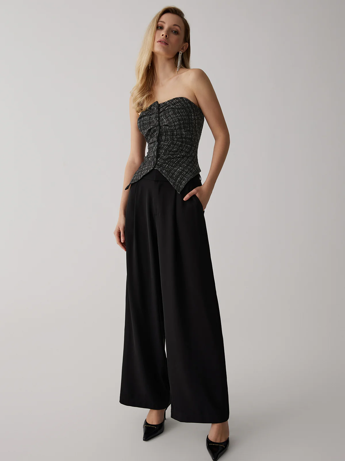 Tweed Button Ruched Tube Top - Takermore