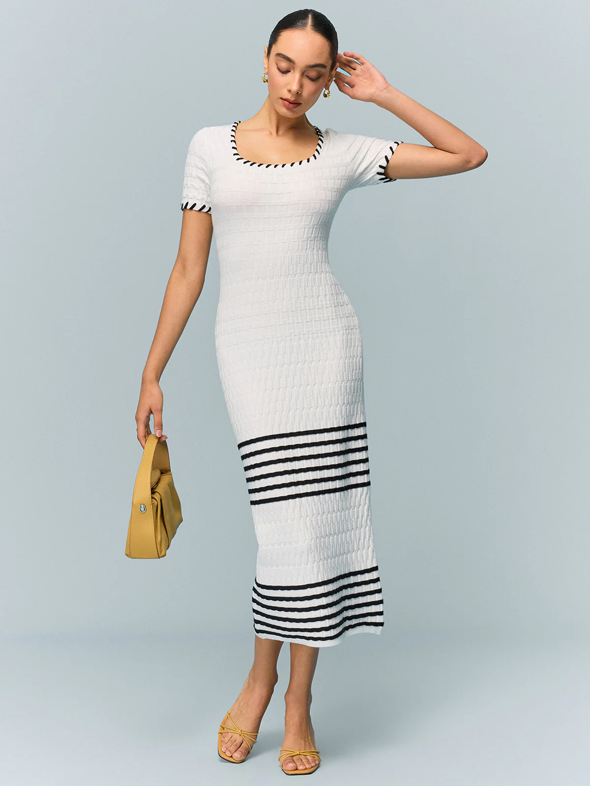 Textured Knit Midi Dress with Striped Hem - Takermore
