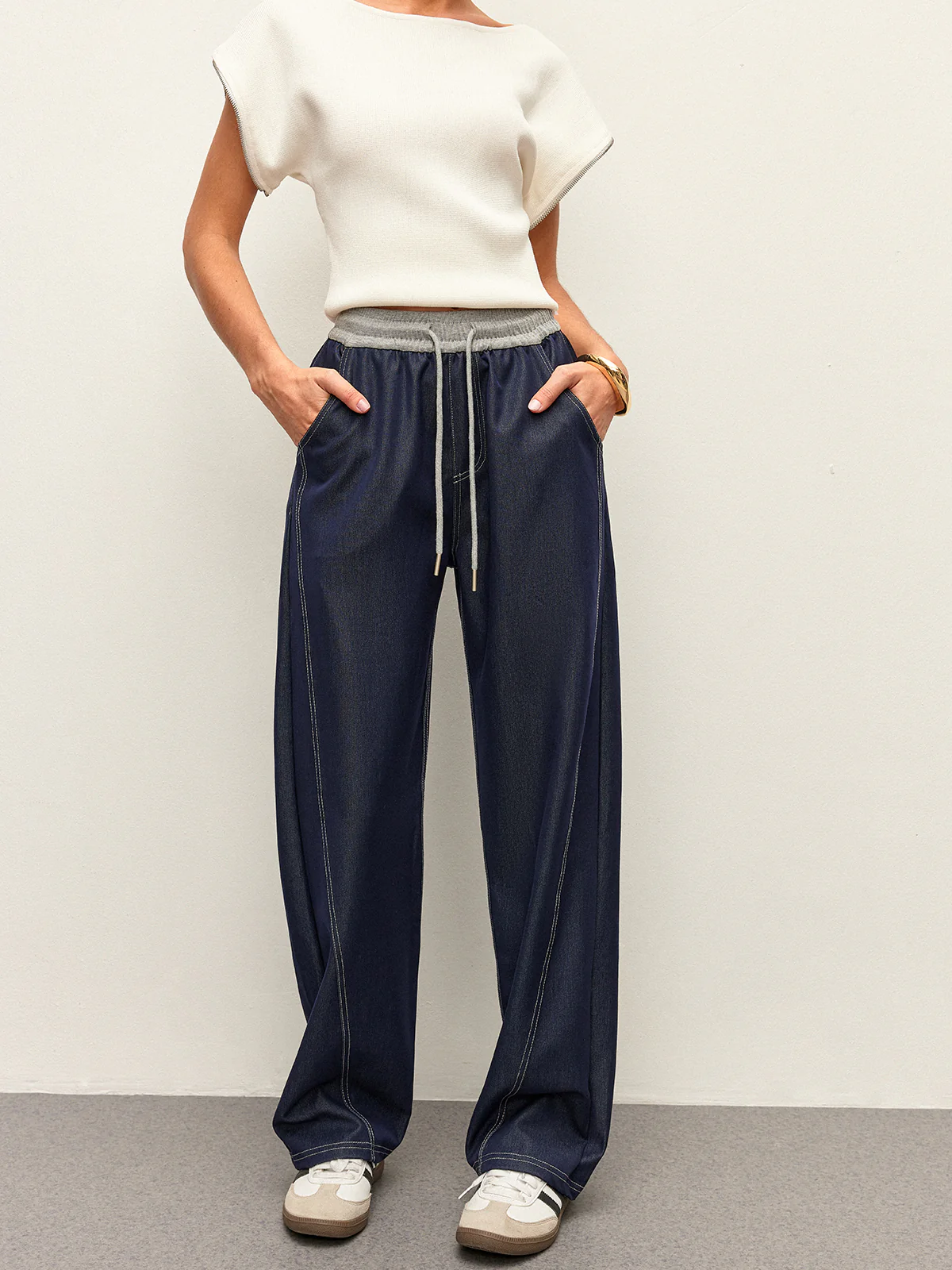 High-Waist Drawstring Denim Pants With Pockets - Takermore