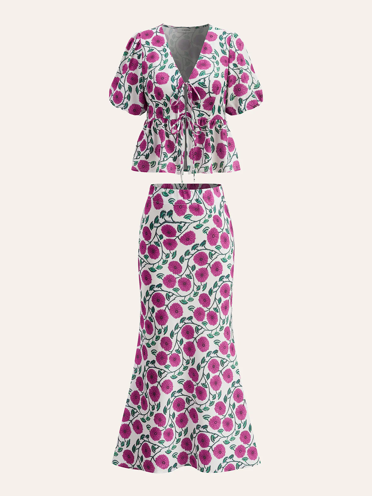 Boho V-Neck Drawstring Puff Sleeve Skirt Set - Takermore