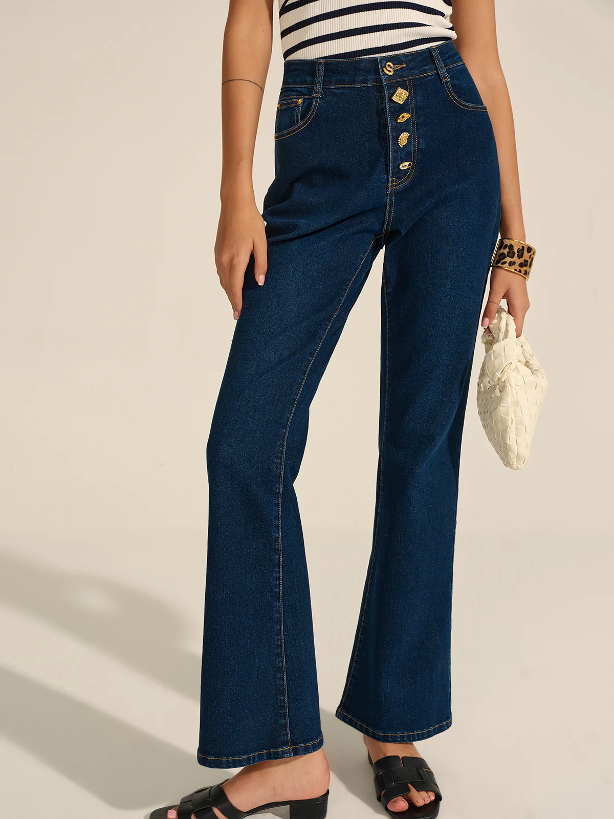 Denim Metal Decor Flared Pants - Takermore