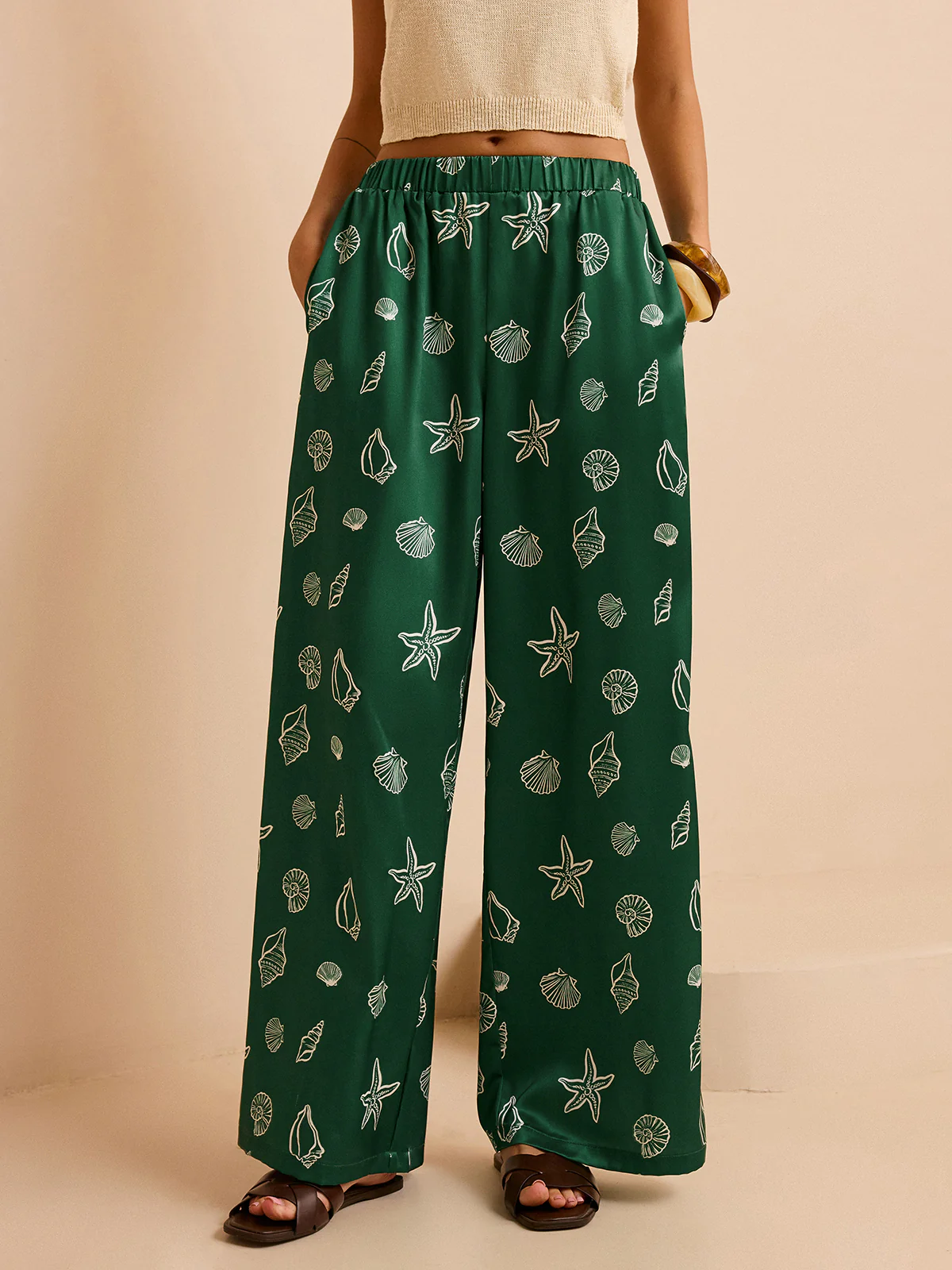Oversized Mid-Waist Pants with Seashell and Starfish Prints - Takermore