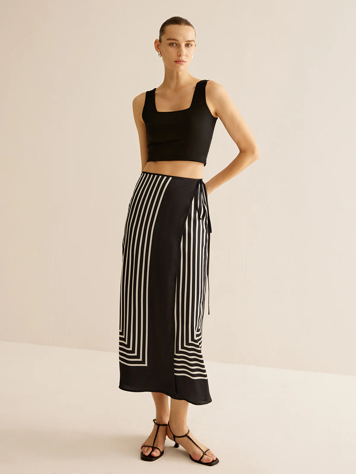 Geometric Pinstripe Satin Wrap Tie Skirt - Takermore