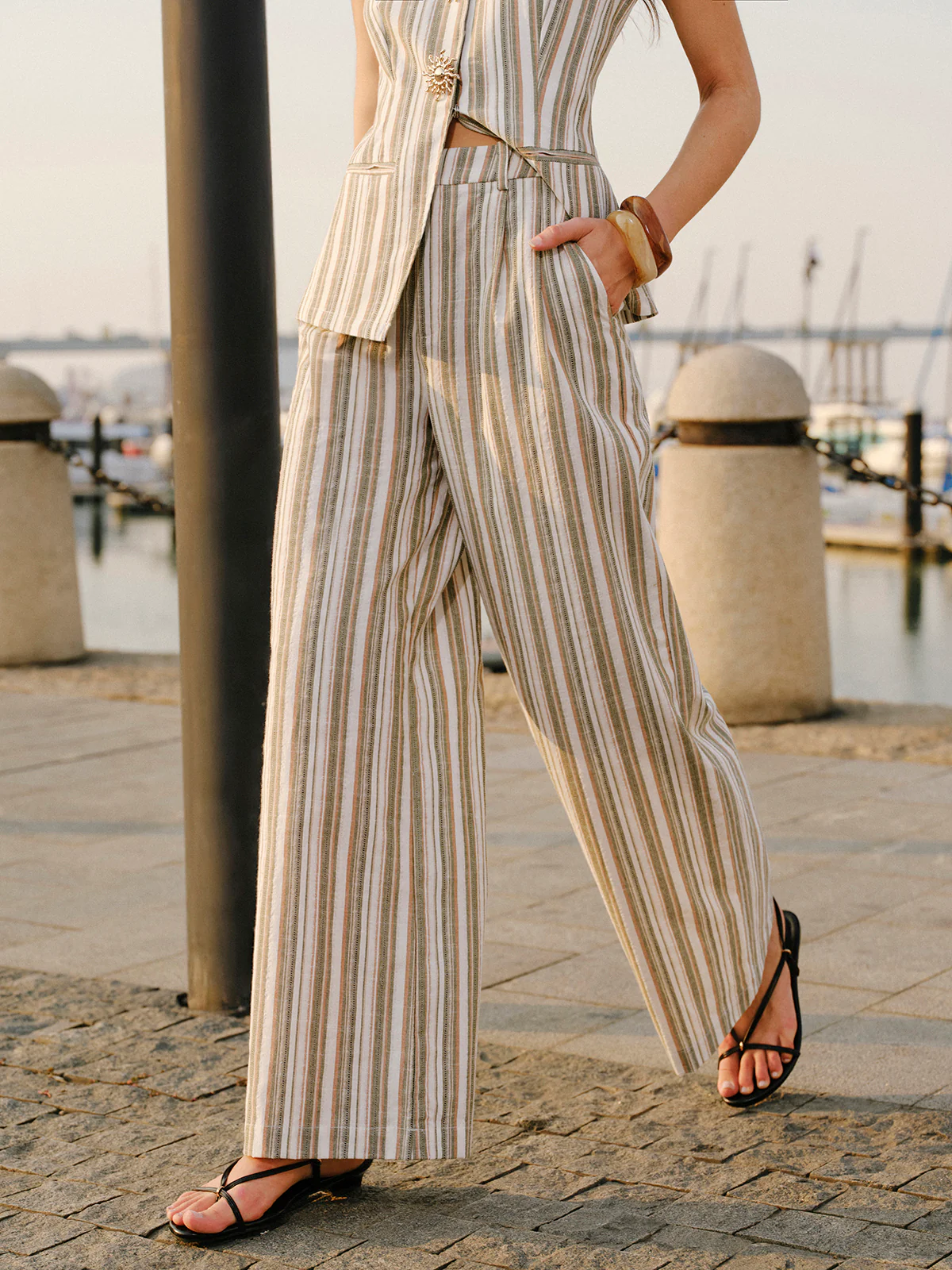 Linen & Cotton Mid-Waist Striped Wide-Leg Pants - Takermore