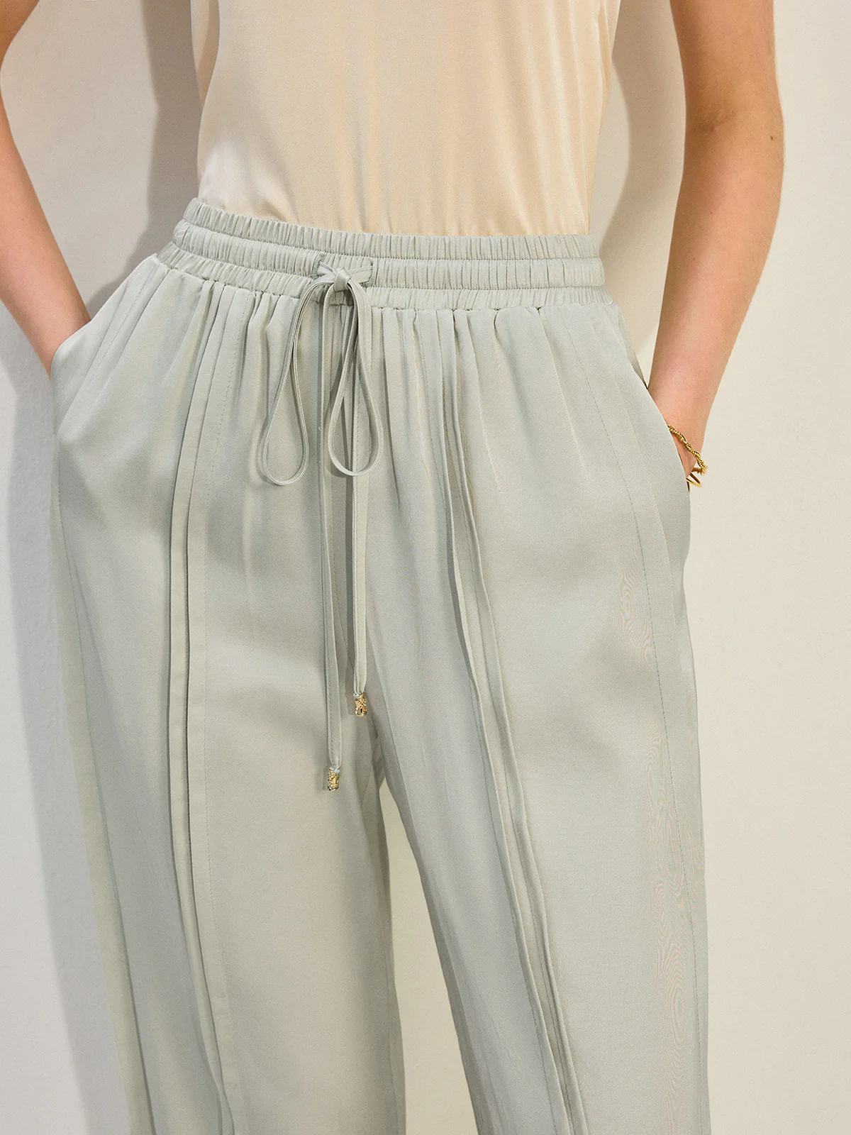 Tencel Rayon Satin Wide-Leg Pants with Pleats - Takermore