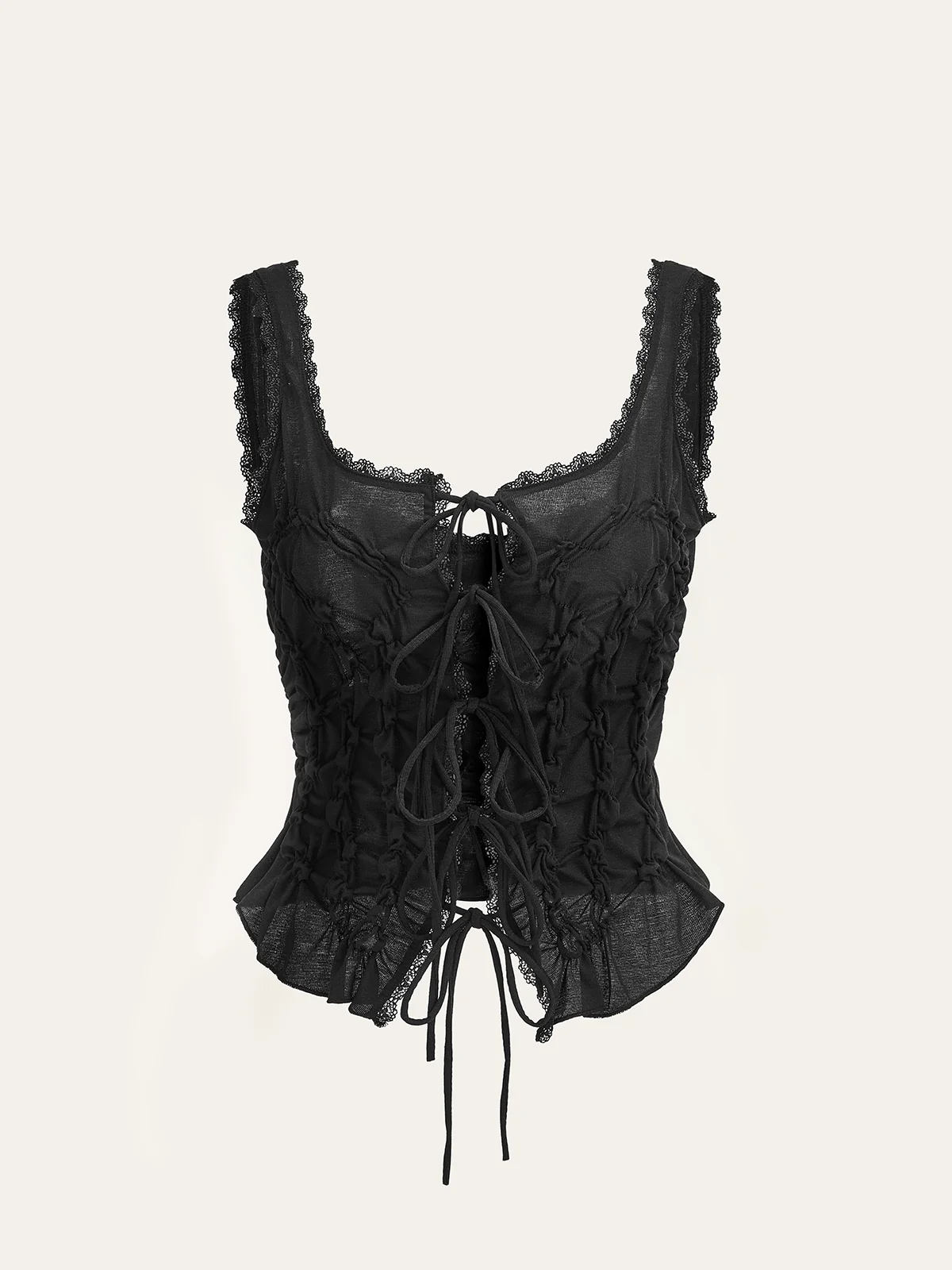 Semi-Sheer Lace-Trimmed Ruched Corset Top - Takermore