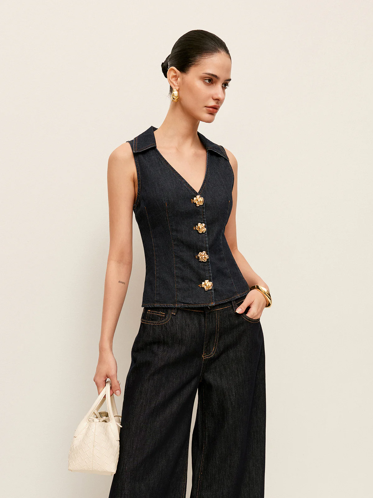 Denim Collared Vest With Floral Button Detail - Takermore