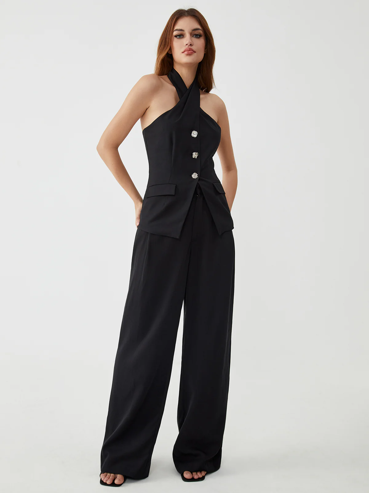 Rhinestone Button Halter Top - Takermore