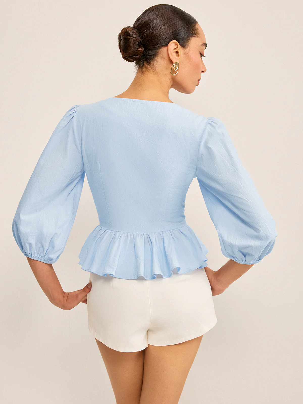 Scalloped V-Neck Peplum Top with Puff Sleeves - Takermore