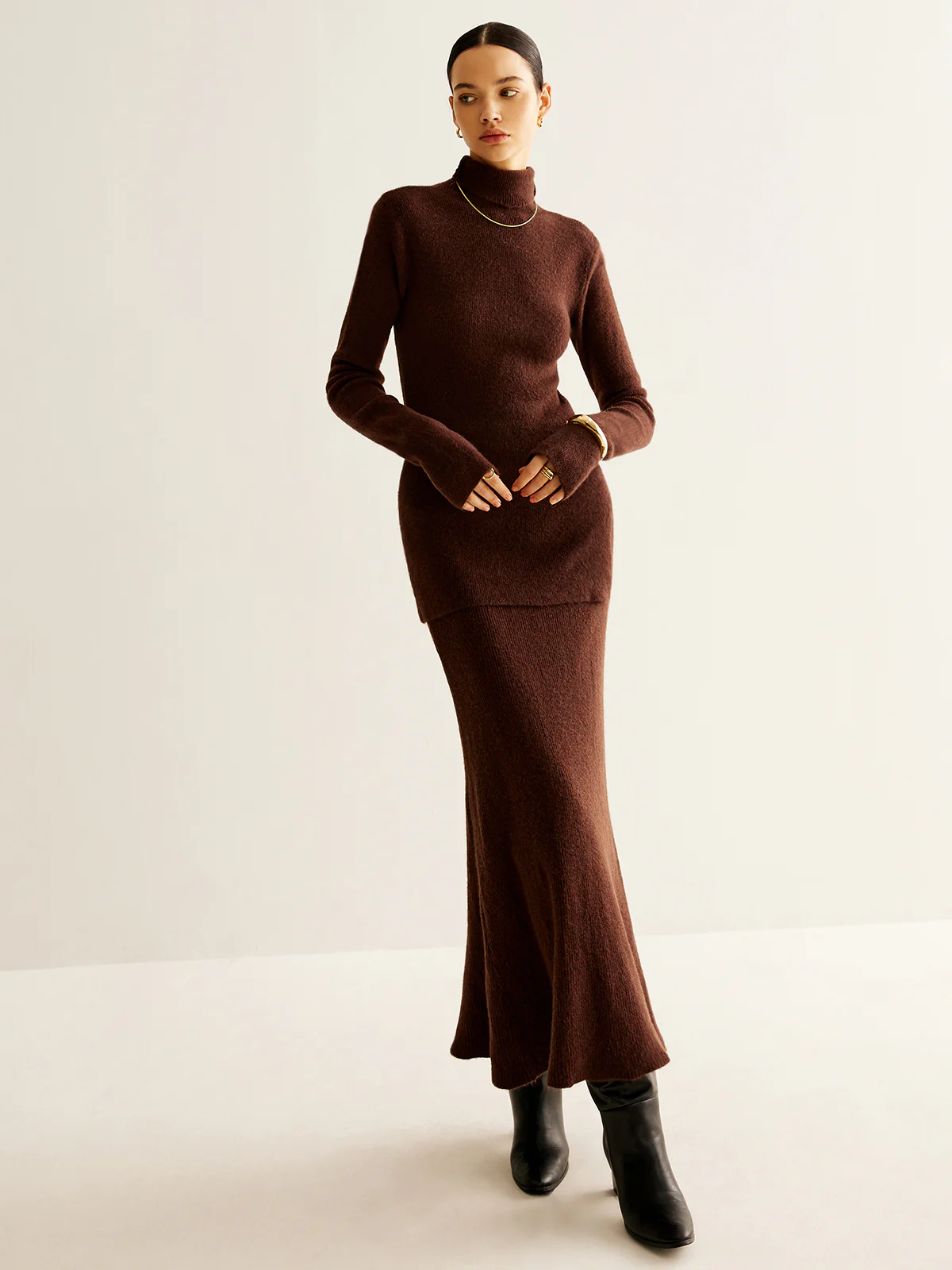 Plain Turtleneck Ribbed Soft Skirt Set - Takermore