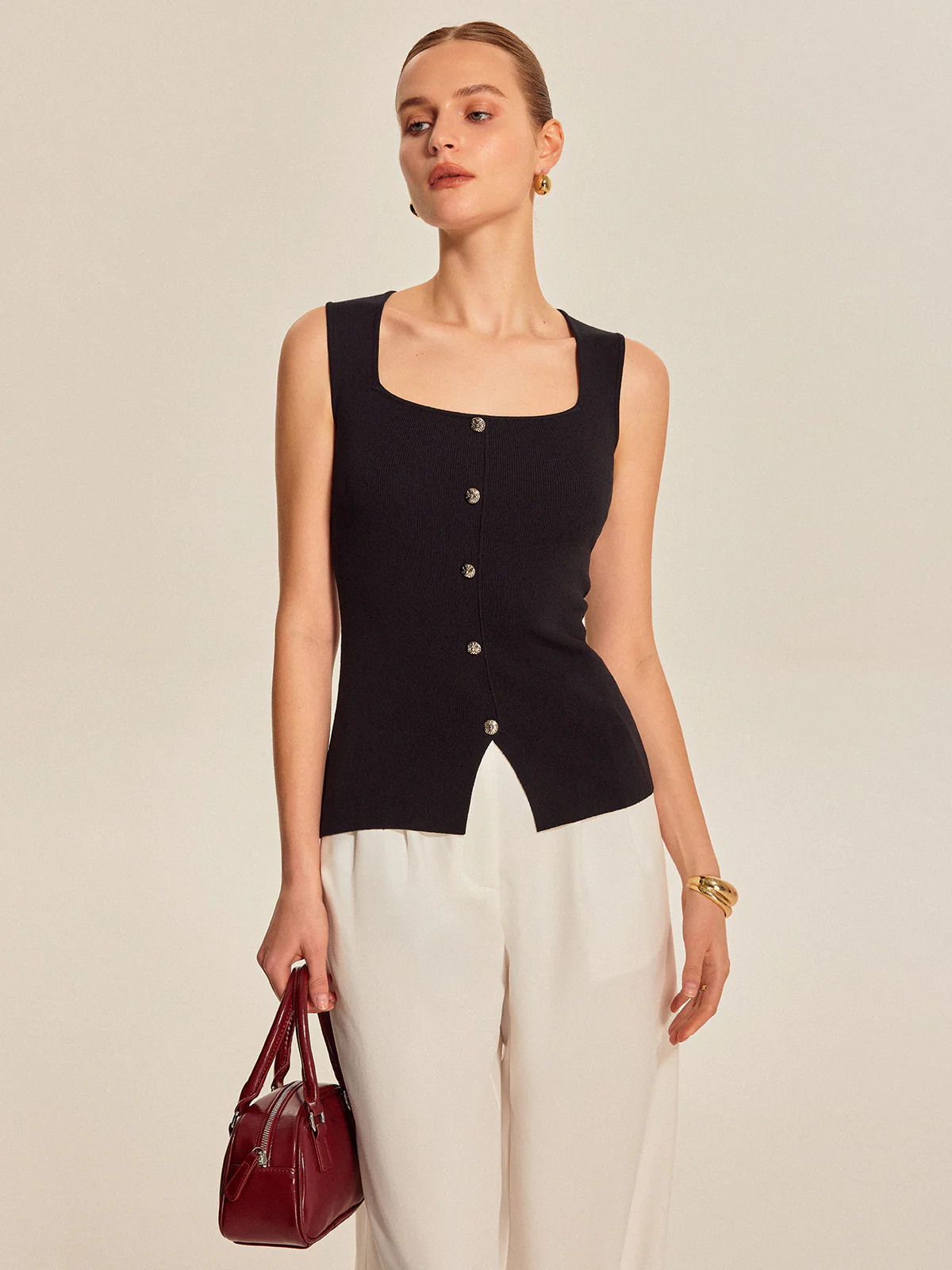 Button Front Square Neck Top - Takermore