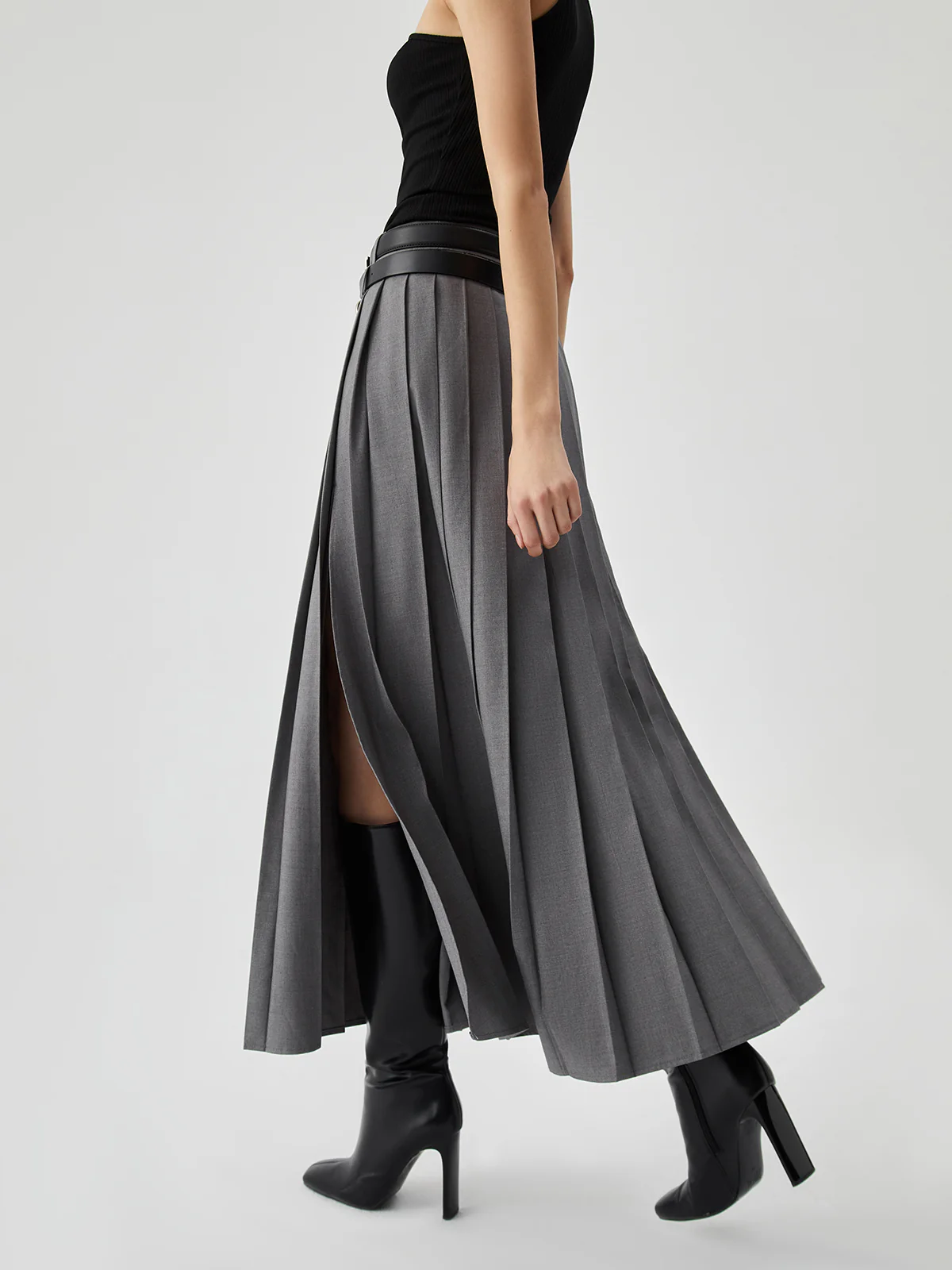 Pleated Split Maxi Skirt Without Belt - Takermore