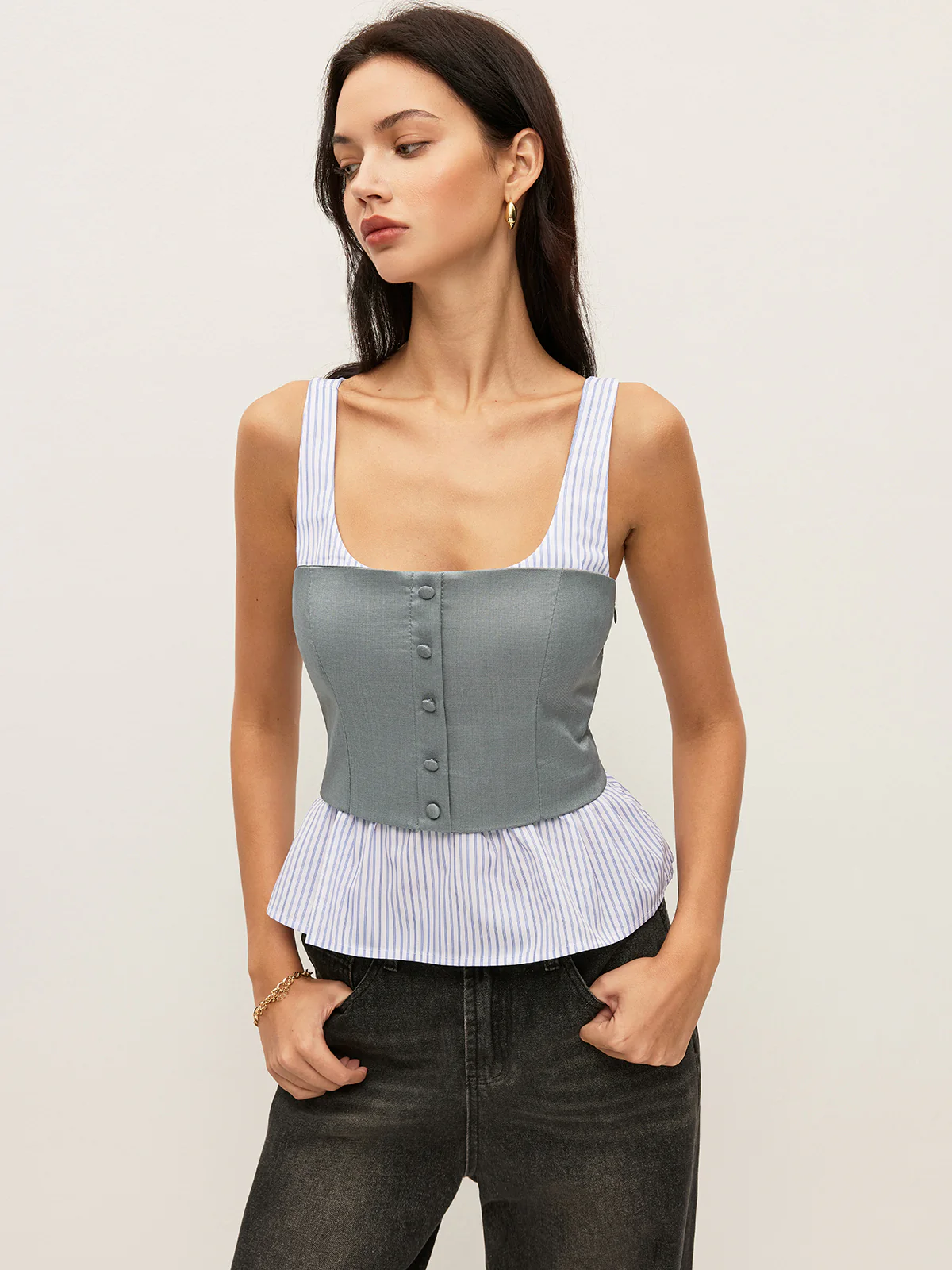 Striped & Solid Peplum Buttoned Top - Takermore