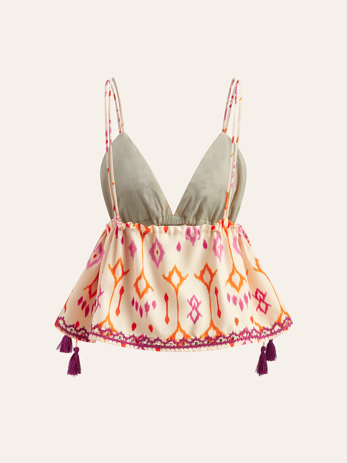 Embroidered Boho Tassel Tie Cami Top - Takermore