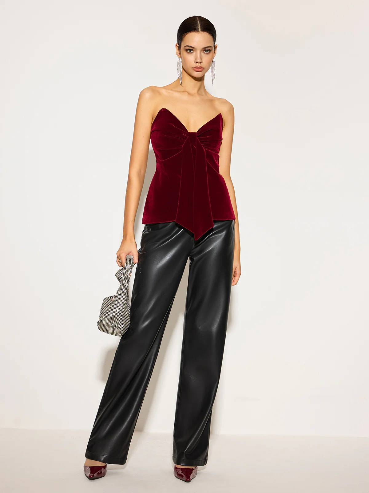 Bow Front Velvet Zipper Tube Top - Takermore