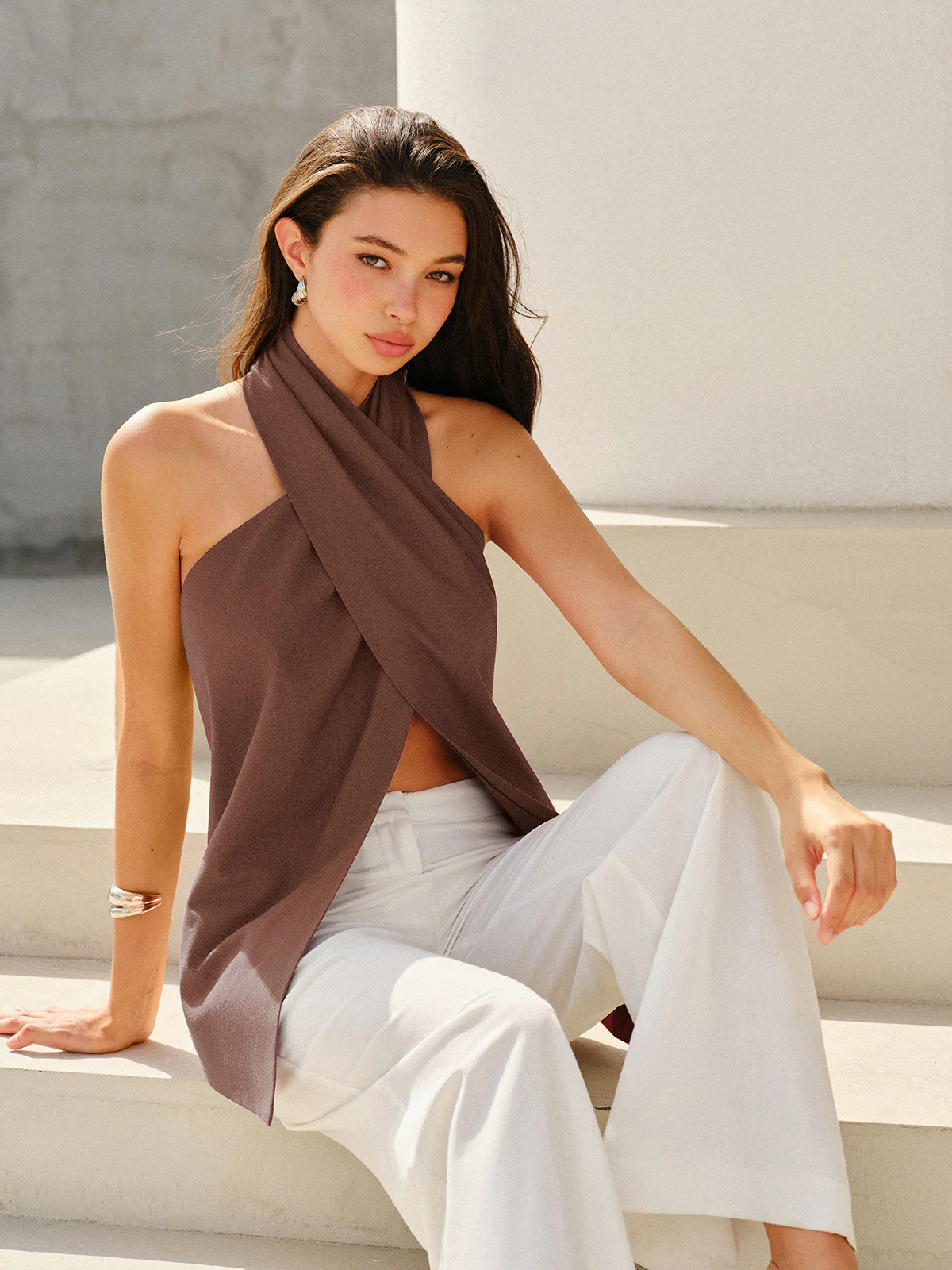 Halter-Style Cross-Neckline Backless Top - Takermore