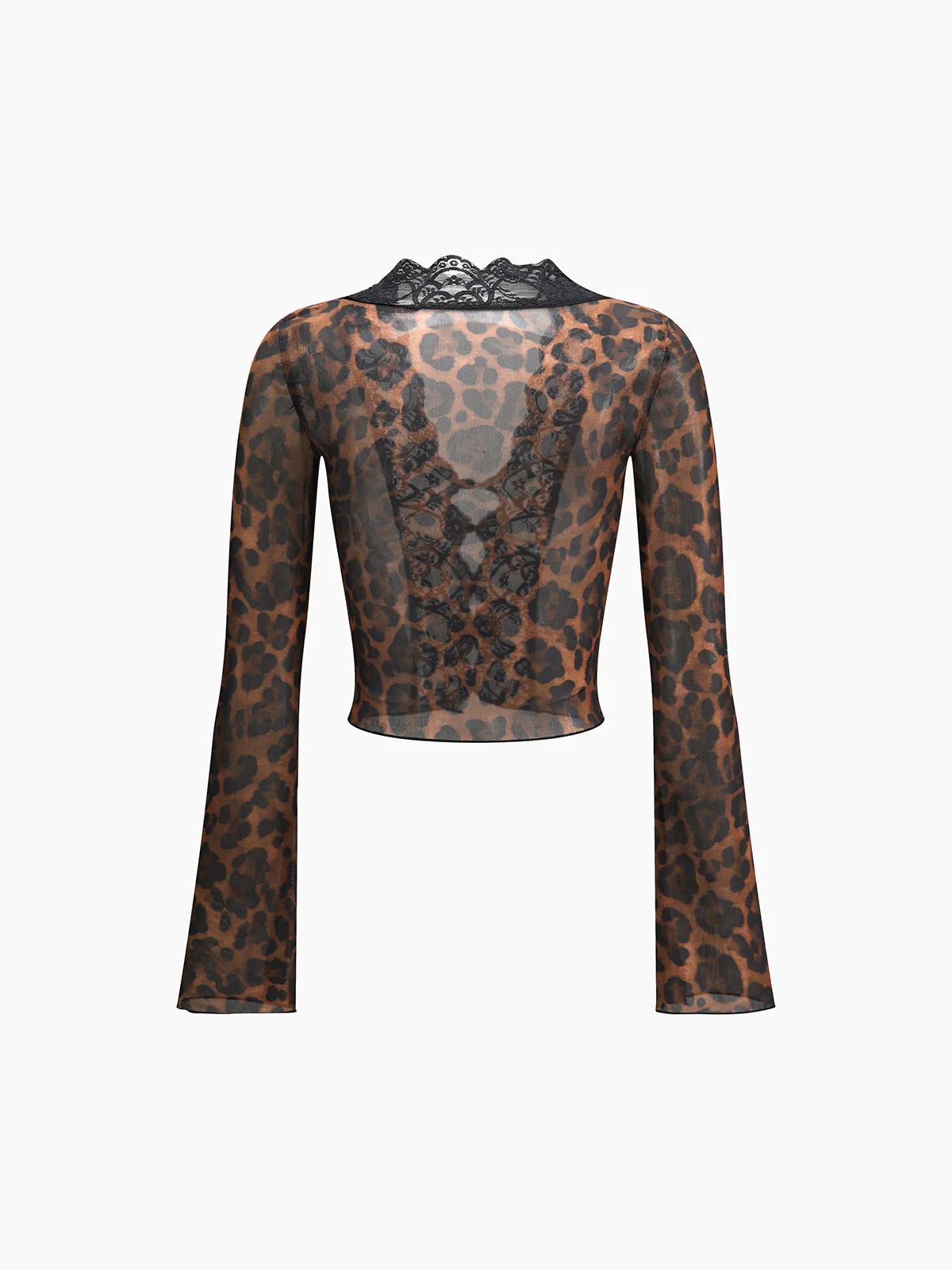 Sheer Leopard Print Long Sleeve Lace Trim Blouse - Takermore