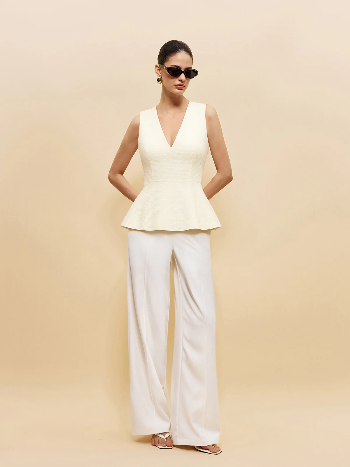 Textured V-Neck Peplum Top - Takermore