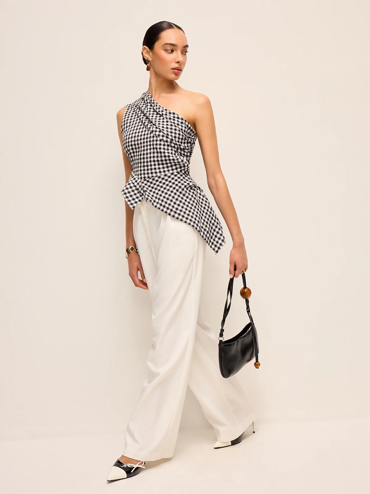 Asymmetrical Checkered One-Shoulder Tank Top - Takermore