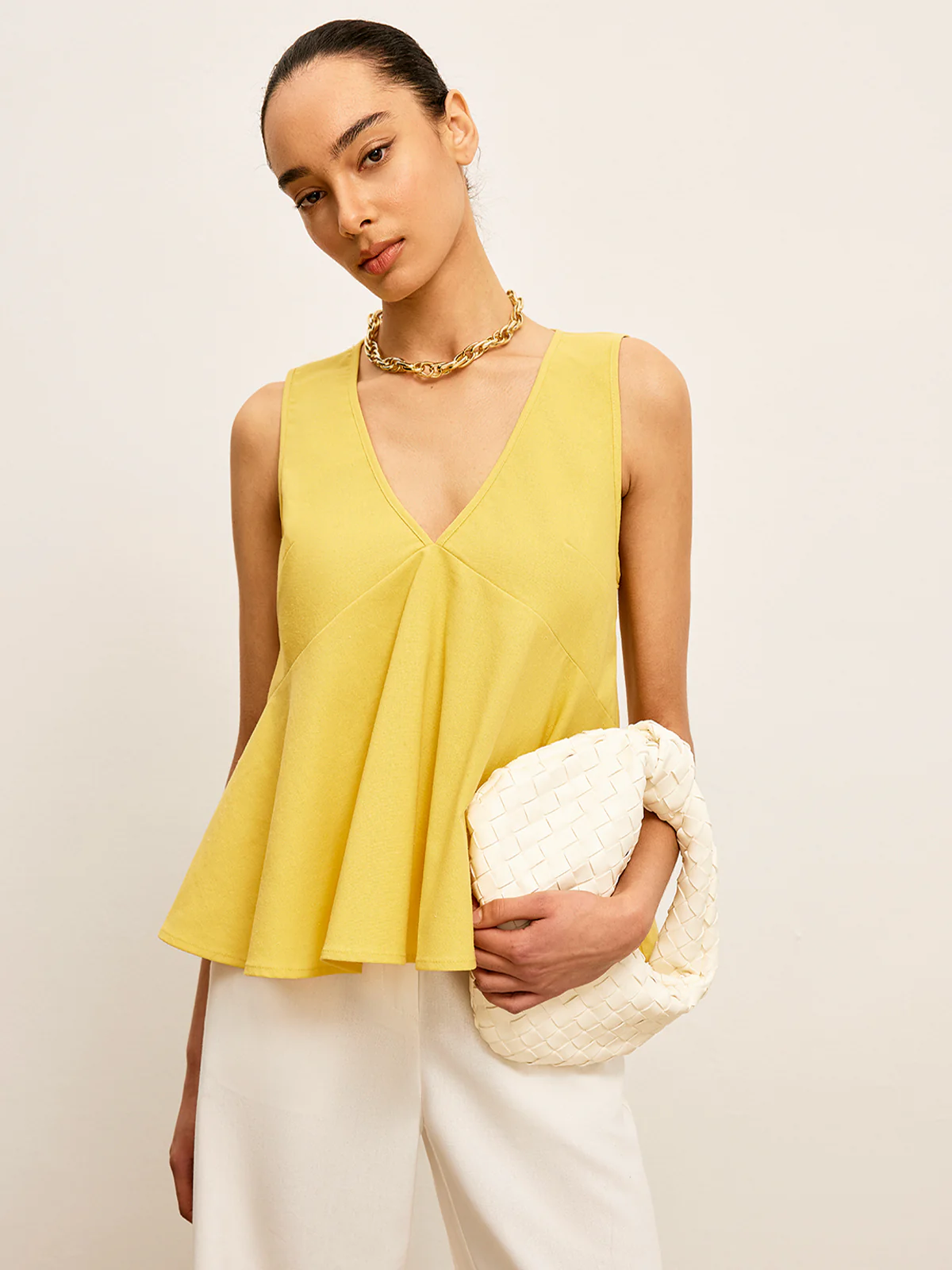 Cotton & Linen V-Neck Peplum Top - Takermore