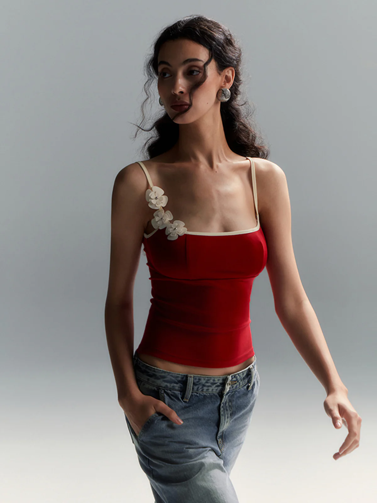 Floral Contrast Trim Bodycon Cami Top - Takermore