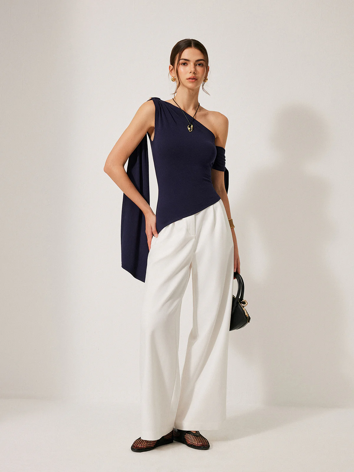 One-Shoulder Draped Tie Detail Top - Takermore