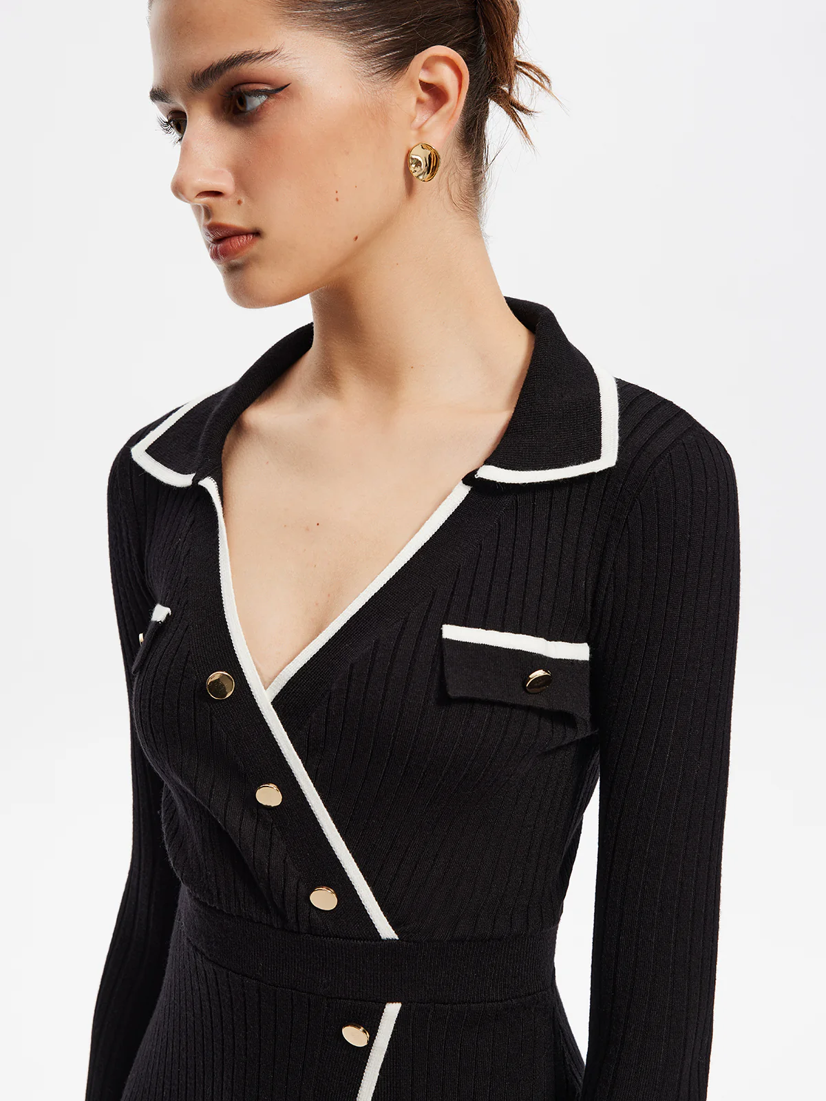 Contrast Trim Wrap Midi Knit Dress - Takermore