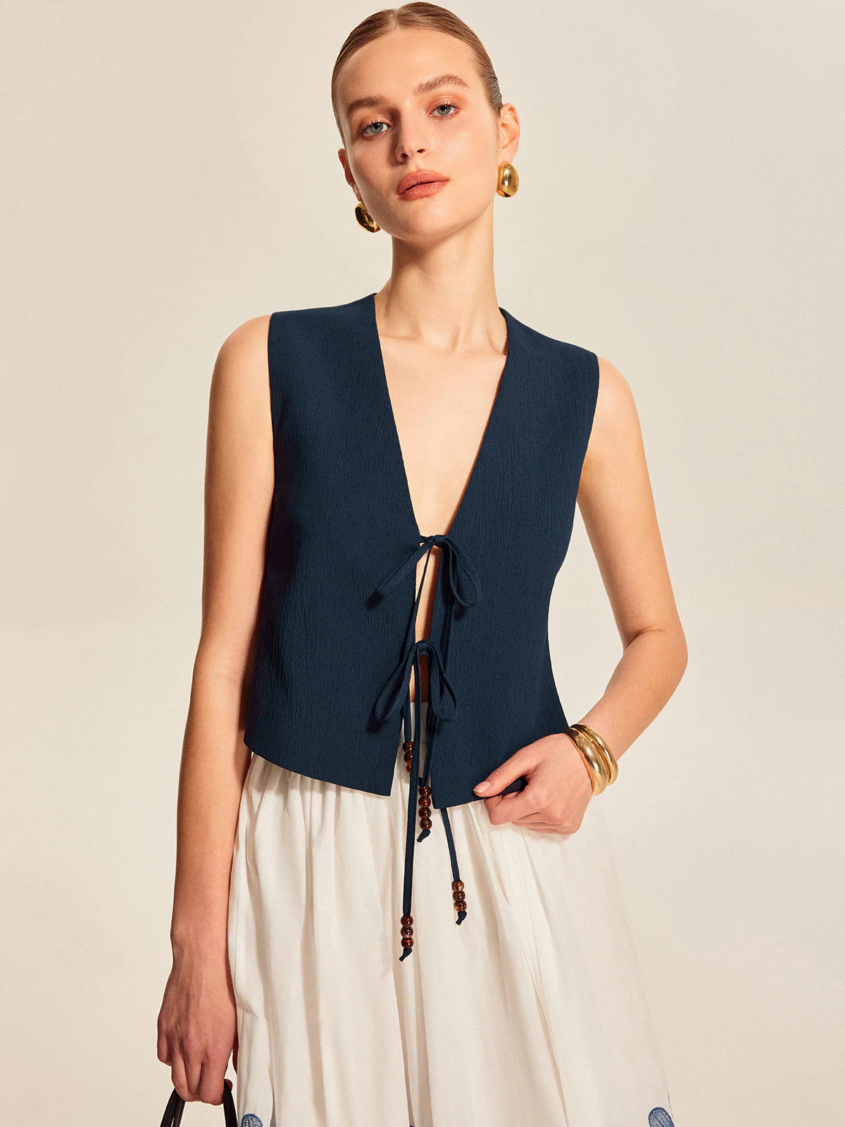 Tie Front Beaded Sleeveless Top - Takermore
