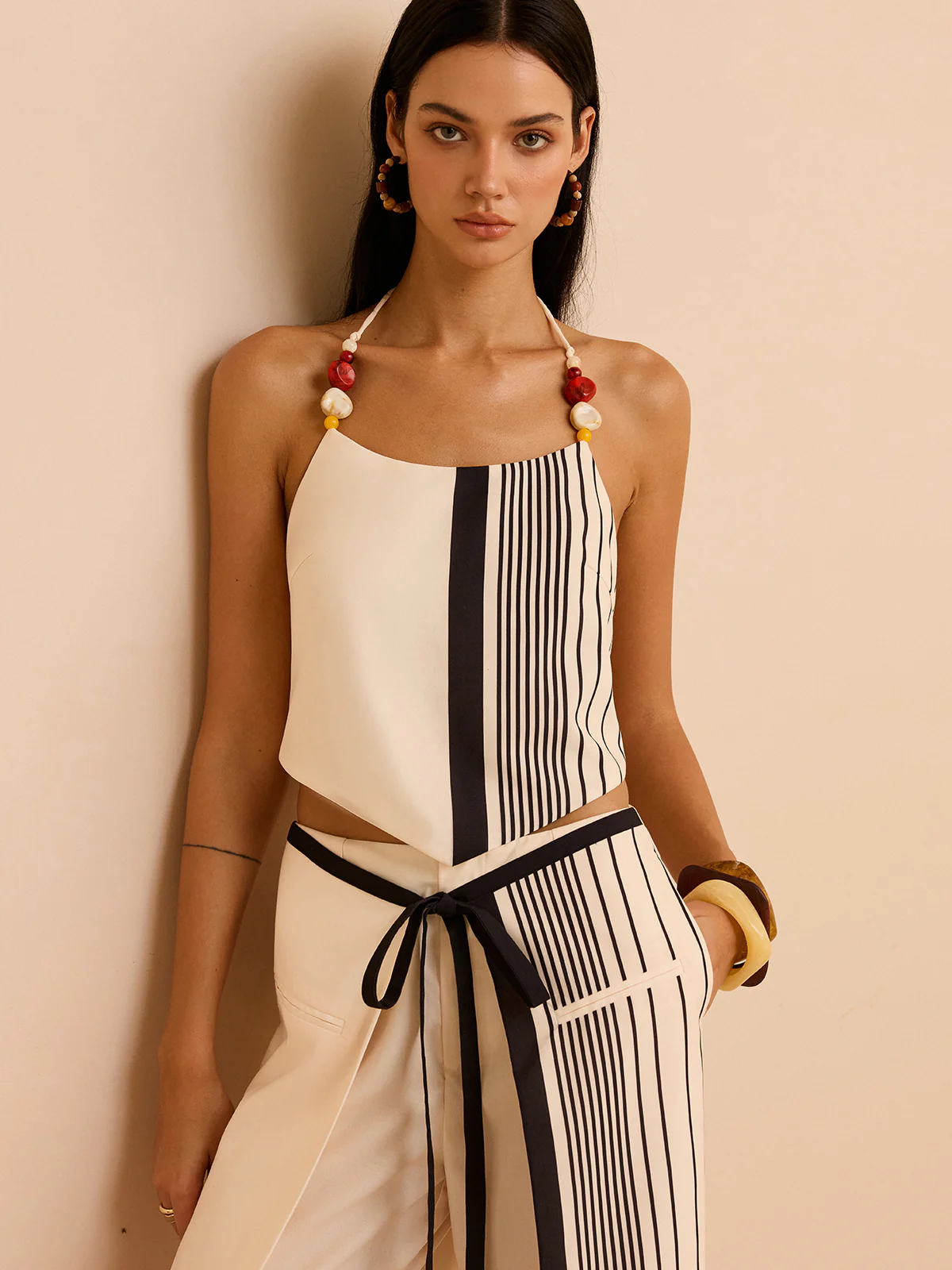Striped Halter Top with Beaded Straps - Takermore
