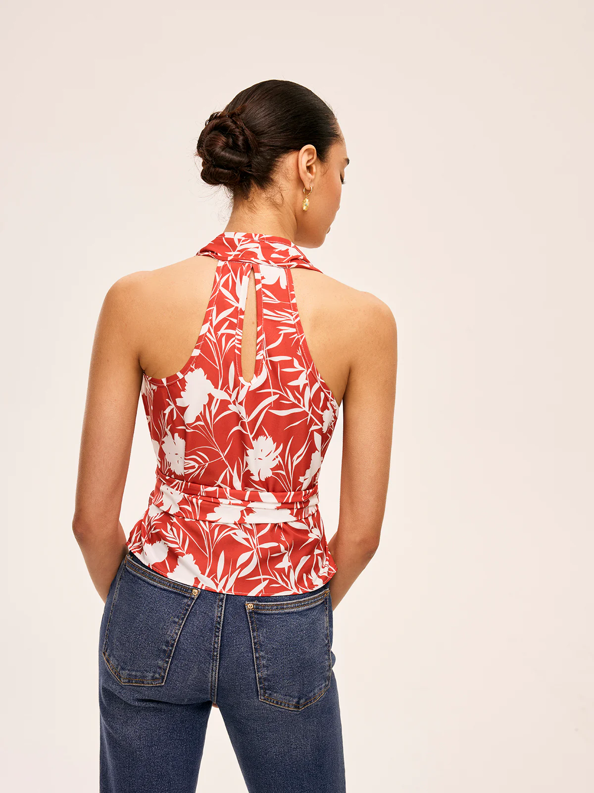 Floral Halter Neck Tie Waist Top - Takermore