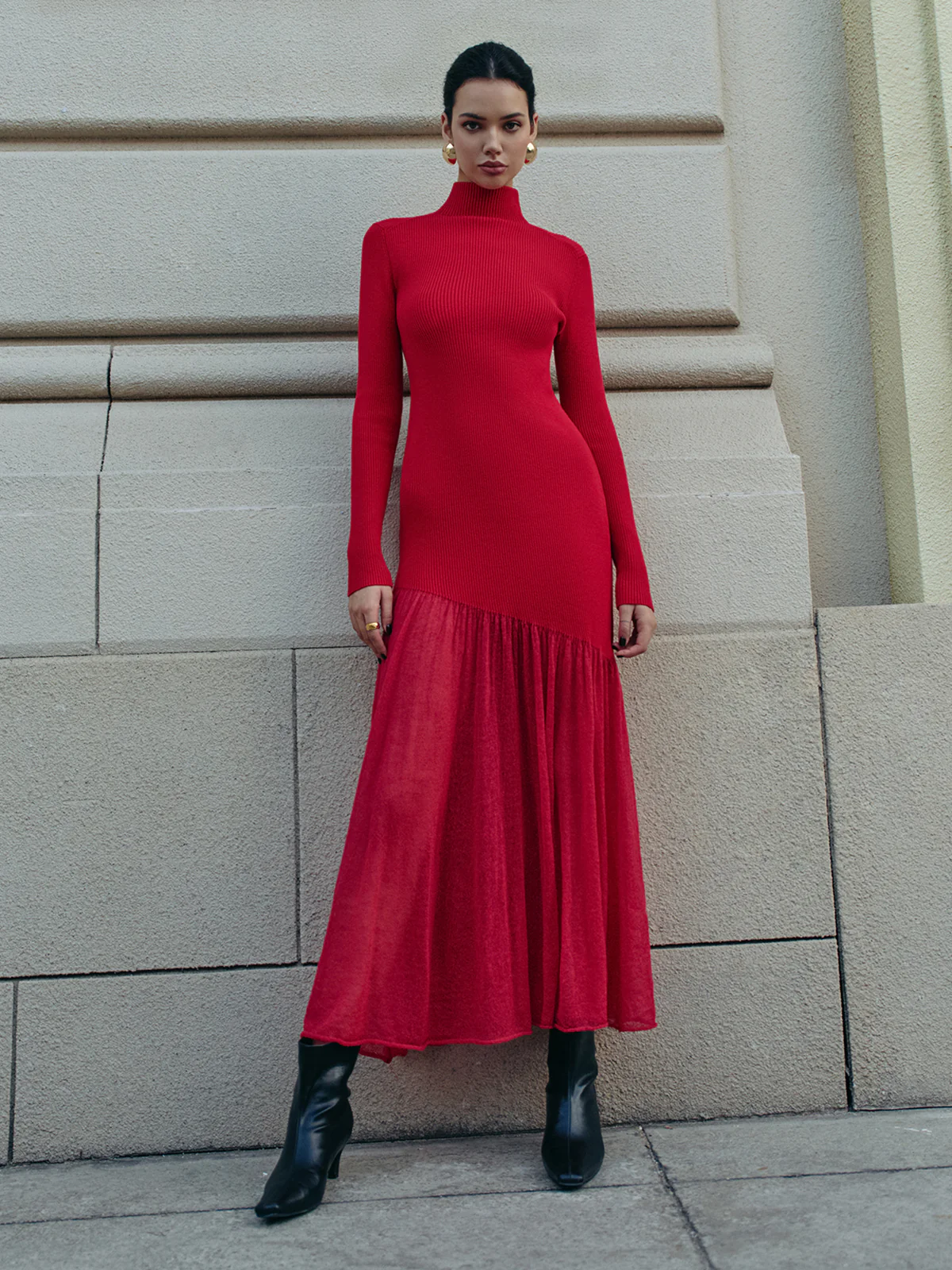 Mock Neck  Pleated Panel Sweater Dress - Takermore