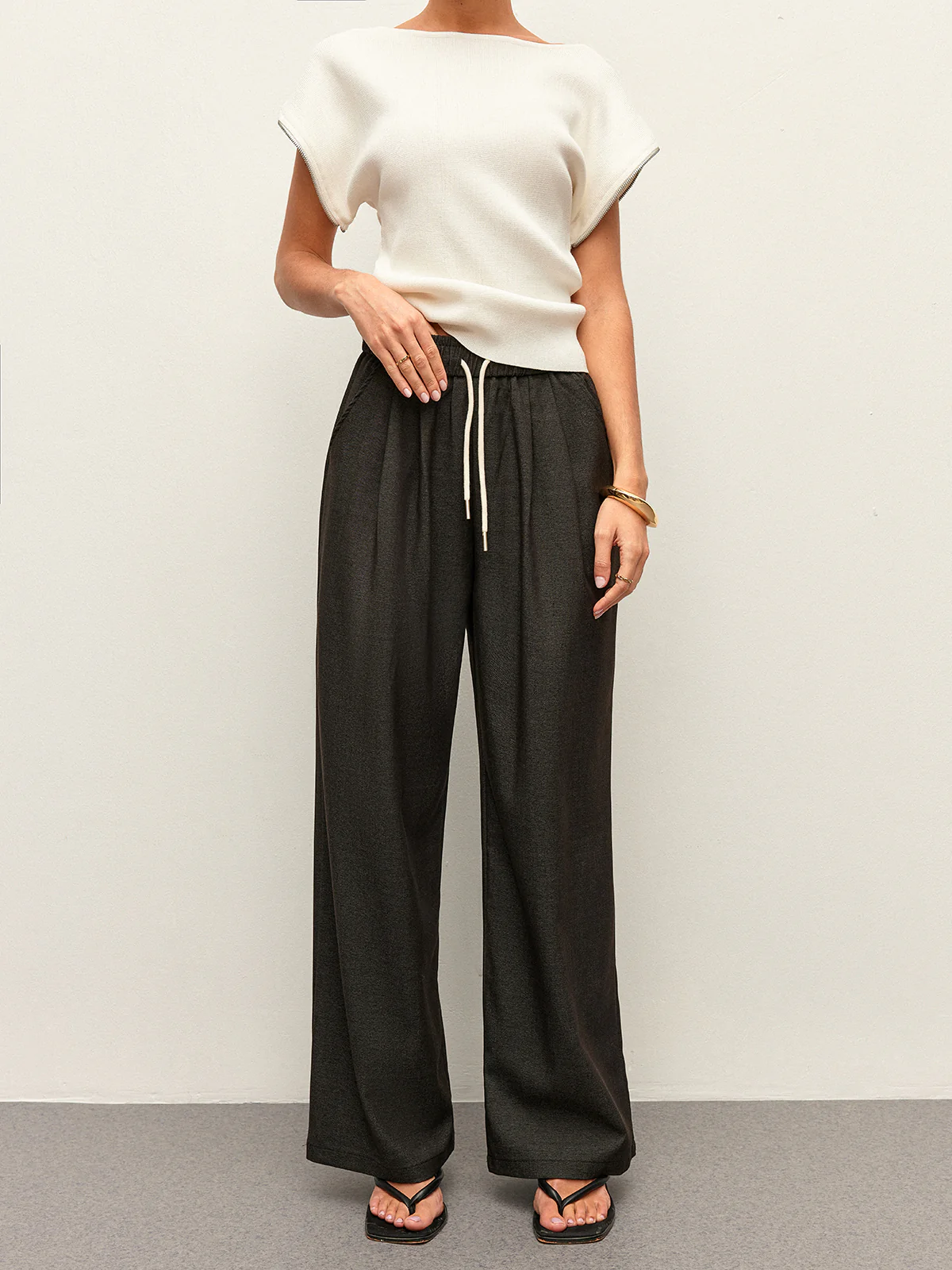 High-Waist Pocket Detail Drawstring Pants - Takermore