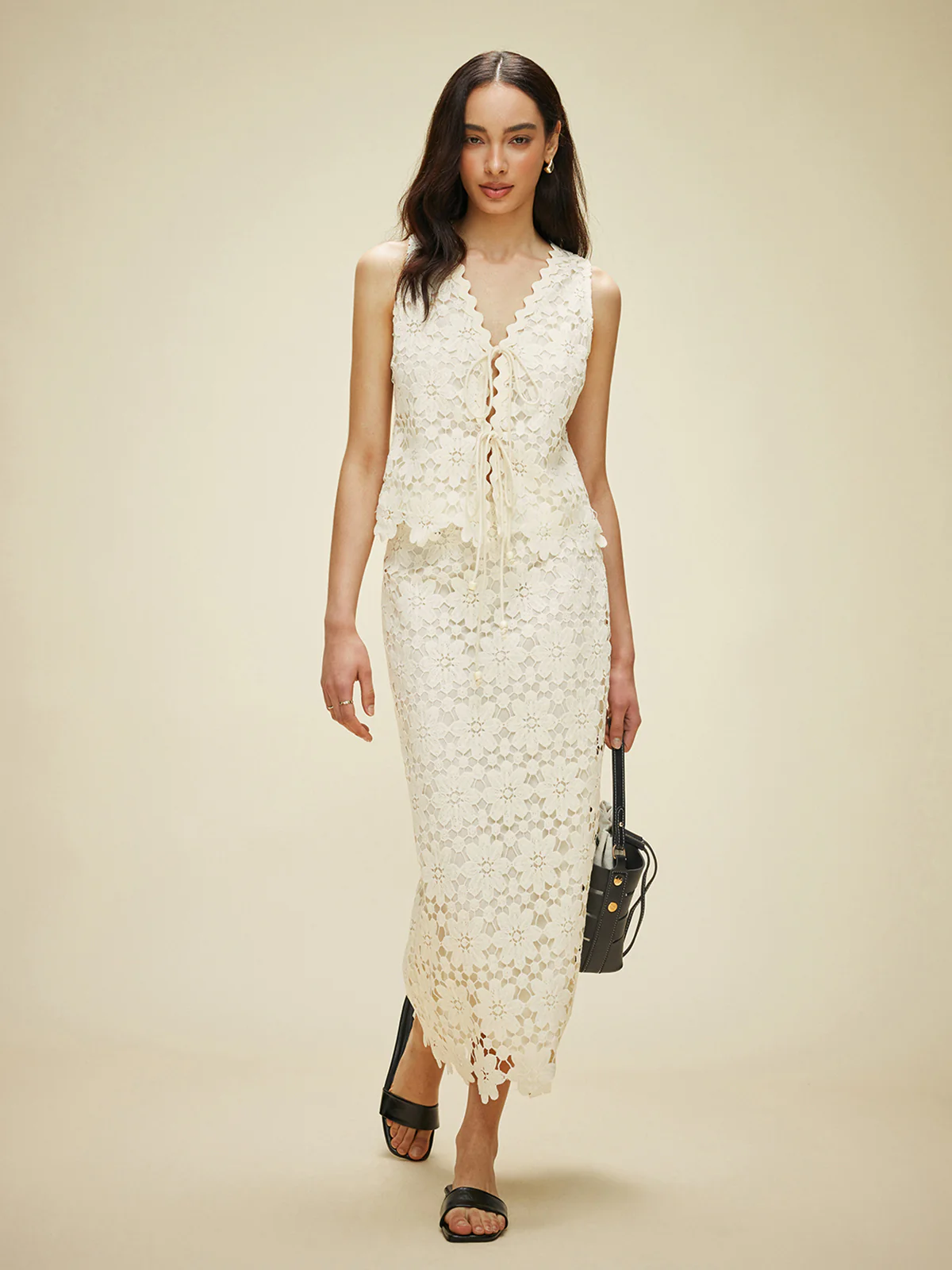 Lace Tied Front Top With Skirt Set - Takermore