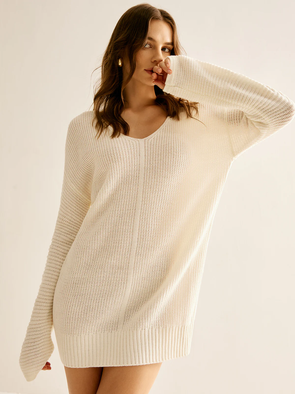 Wool-Blend V-Neck Sweater Dress Without Belt - Takermore