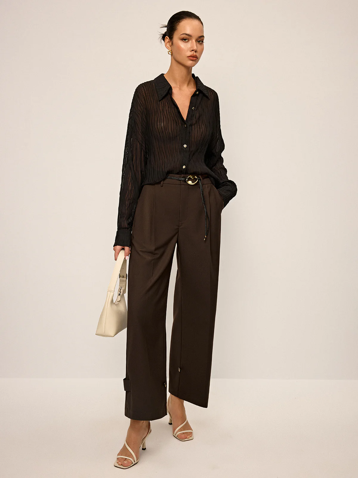 Pleated Wide-Leg Pants with Ankle Button Detail - Takermore