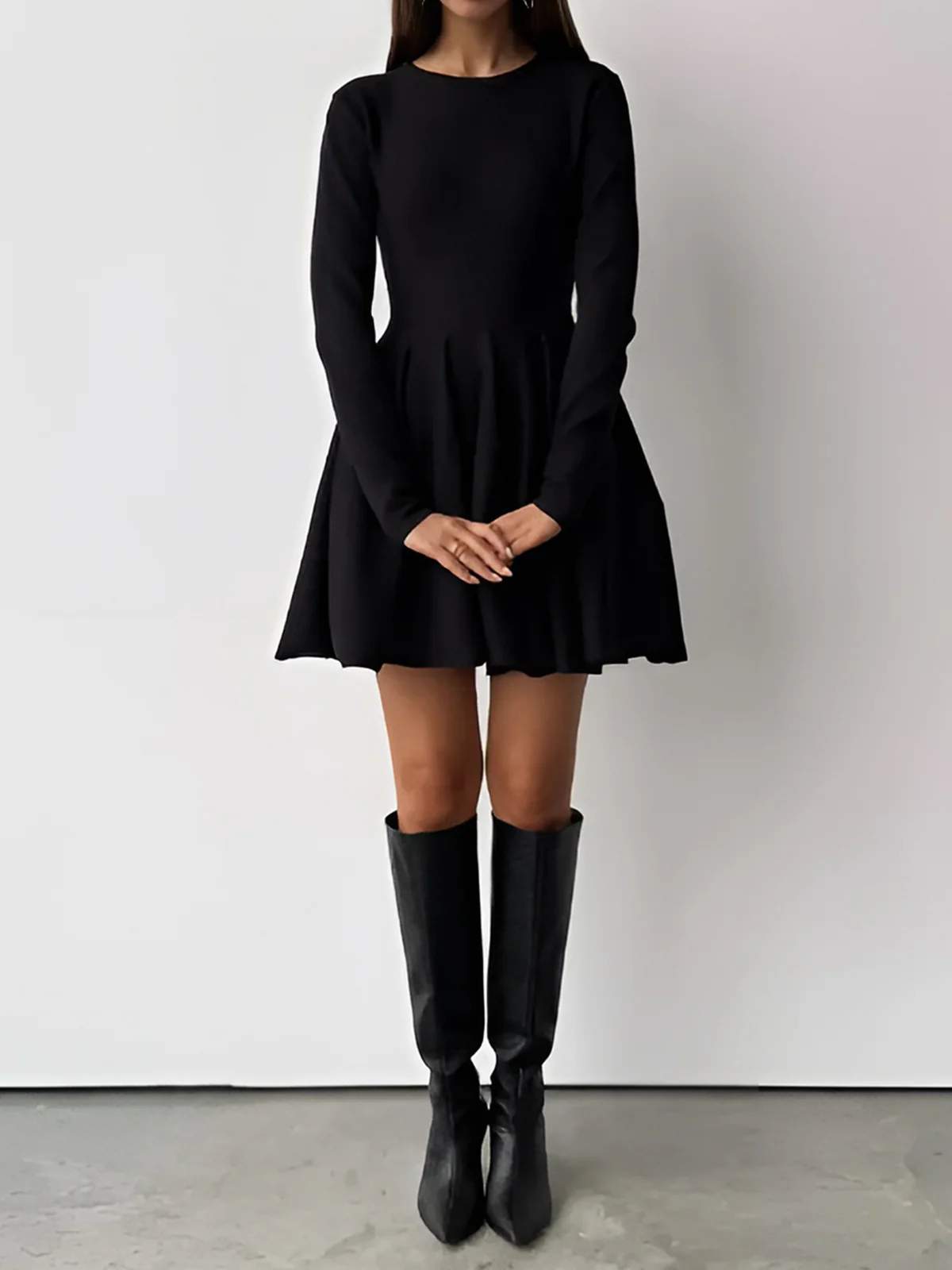 Plain Pleated Sweater Short Dress - Takermore
