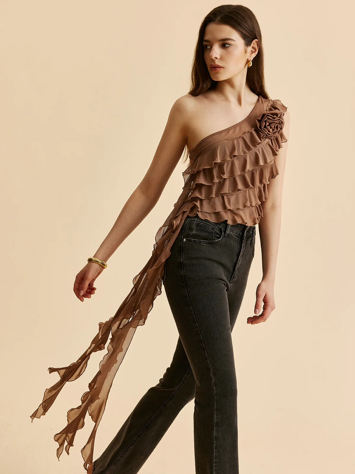 One-Shoulder Ruffled Rosette Detail Top - Takermore