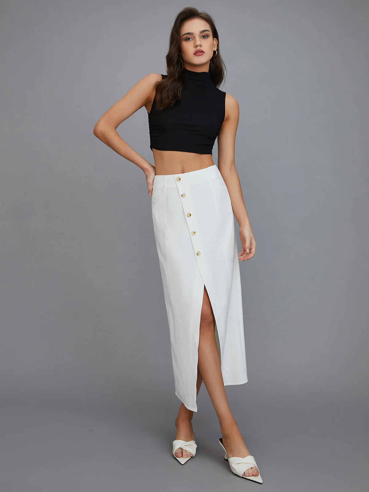 Multi-Button Split Middle Waist Maxi Skirt - Takermore