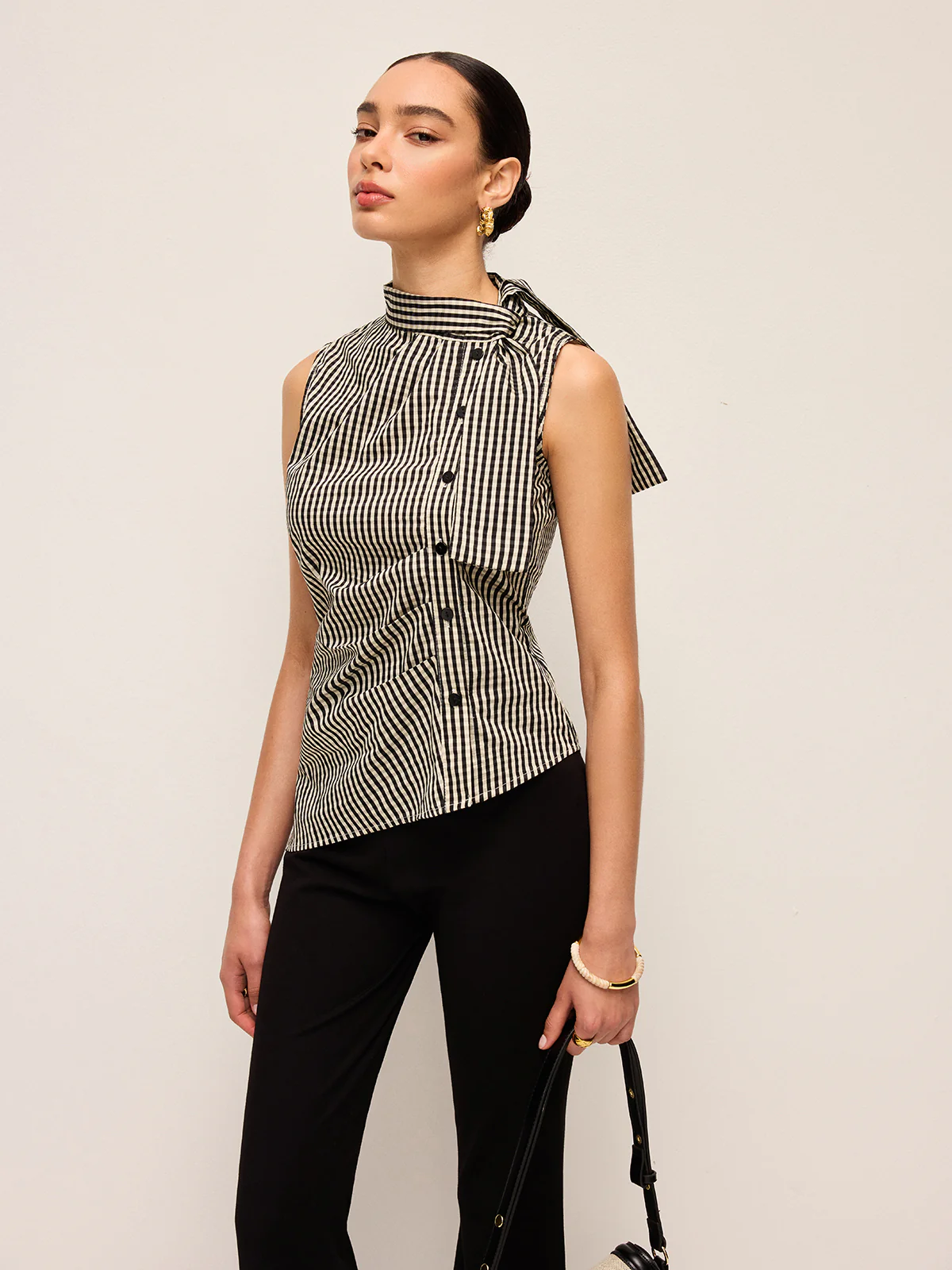 Asymmetric Neck Gingham Button Top - Takermore