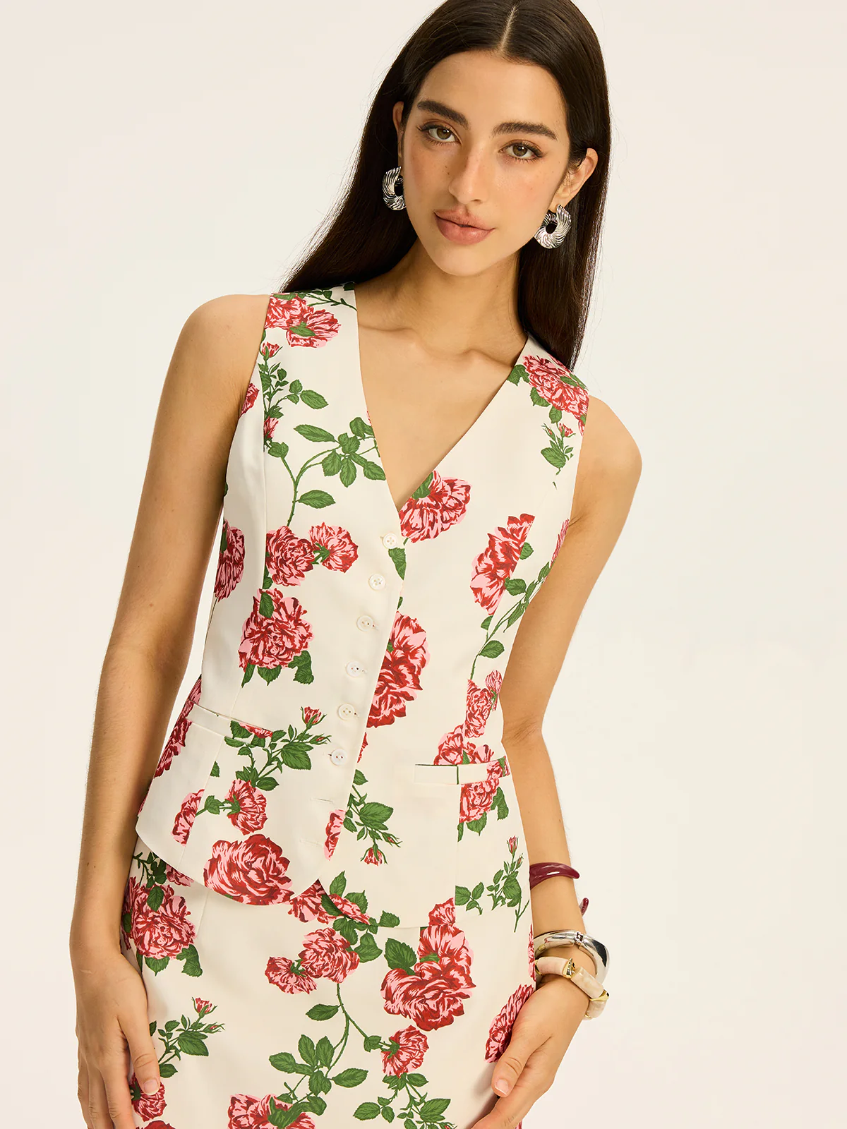 Floral Printed Vest and Skirt Set - Takermore