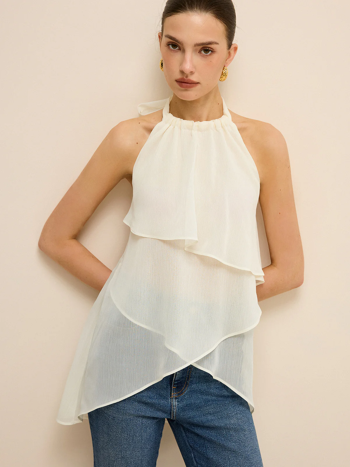 Semi-Sheer Layered Asymmetric Halter Chiffon Top - Takermore