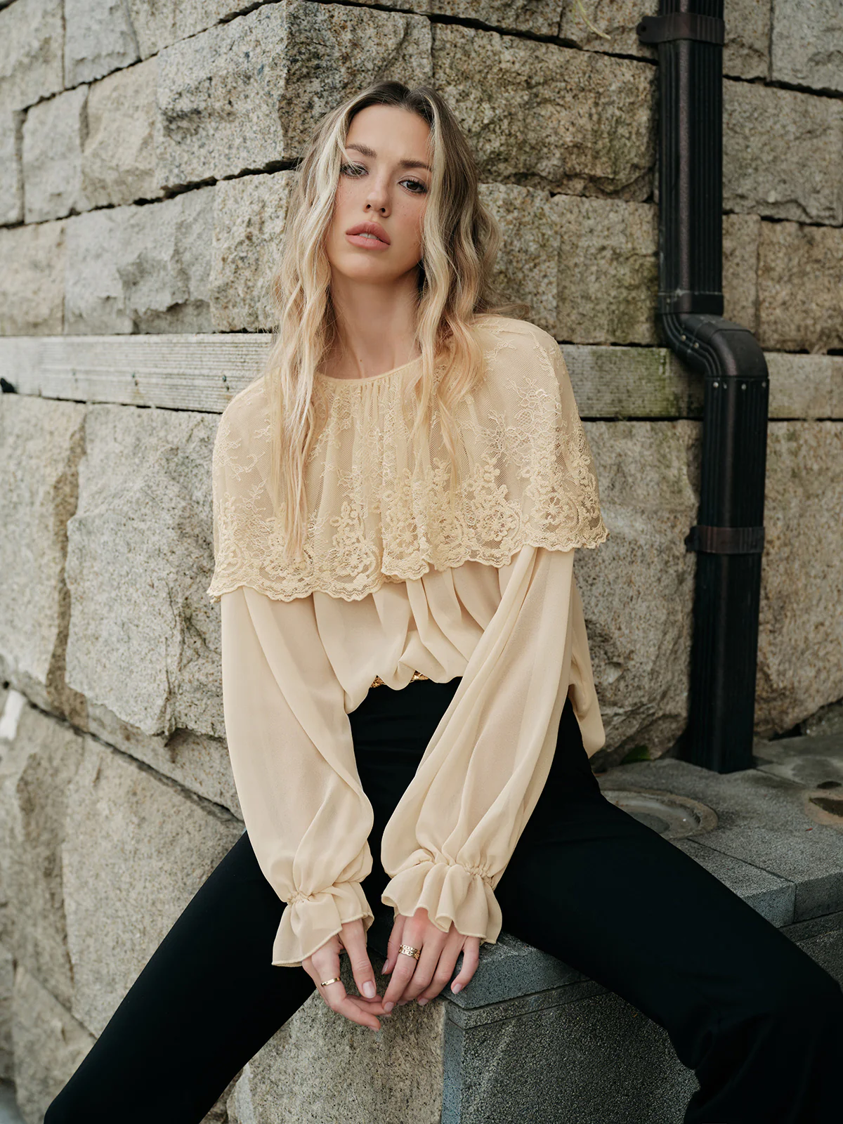 Semi-Sheer Lace Chiffon Blouse - Takermore
