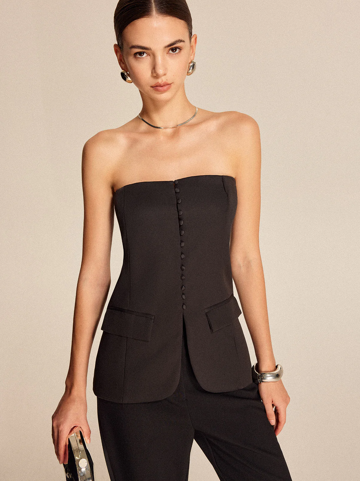 Strapless Button-Front Top - Takermore