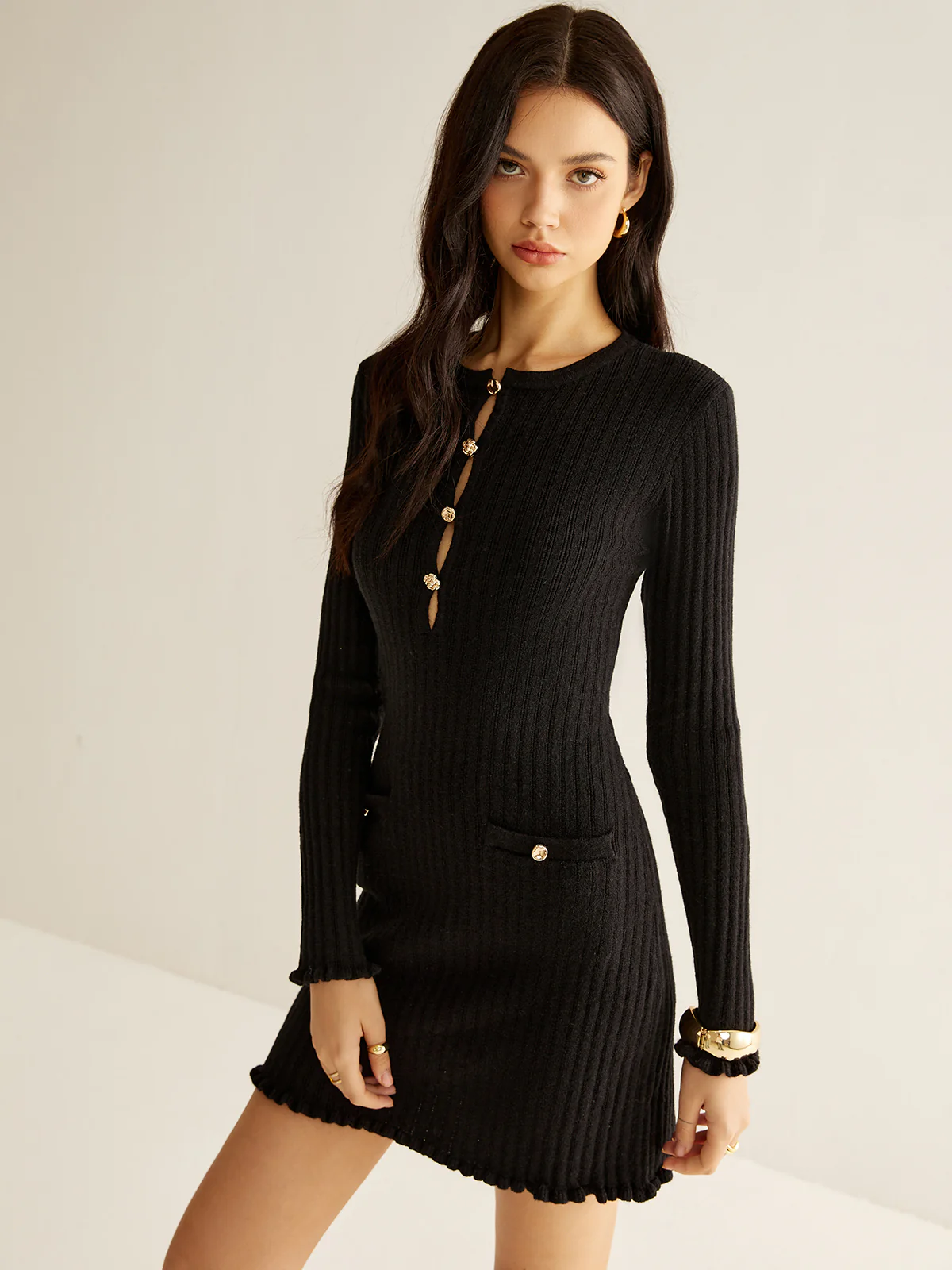 Cutout Lettuce Trim Sweater Dress - Takermore