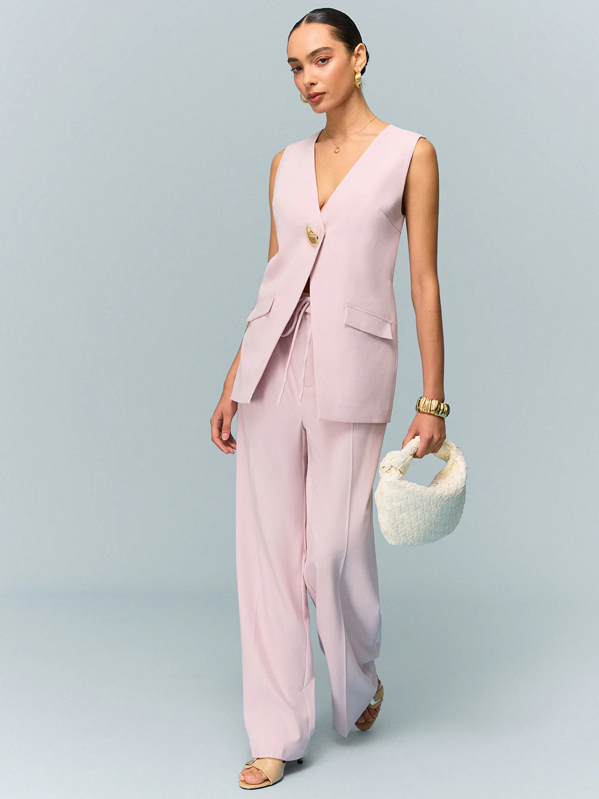 High-Waisted Wide-Leg Pants with Tie Detail - Takermore