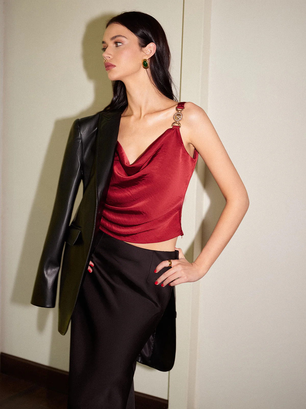 Cowl Neck Metal-Detail Satin Cami Top - Takermore