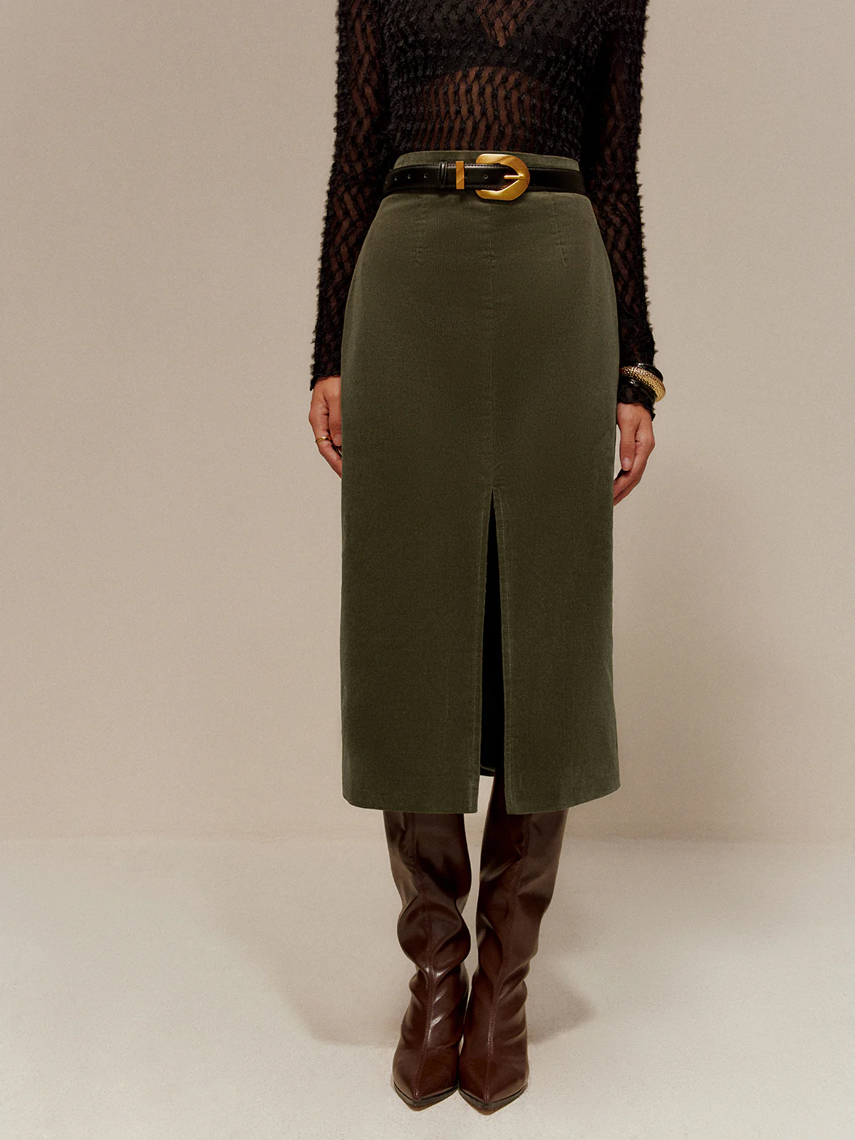 Split Front Corduroy Skirt Without Belt - Takermore