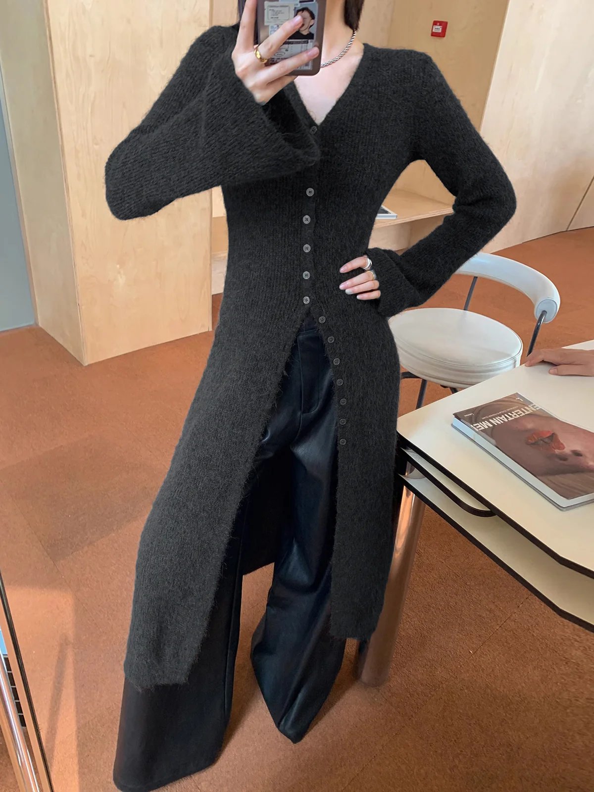 Stacking V-Neck Split Breasted Sweater Dress - Takermore