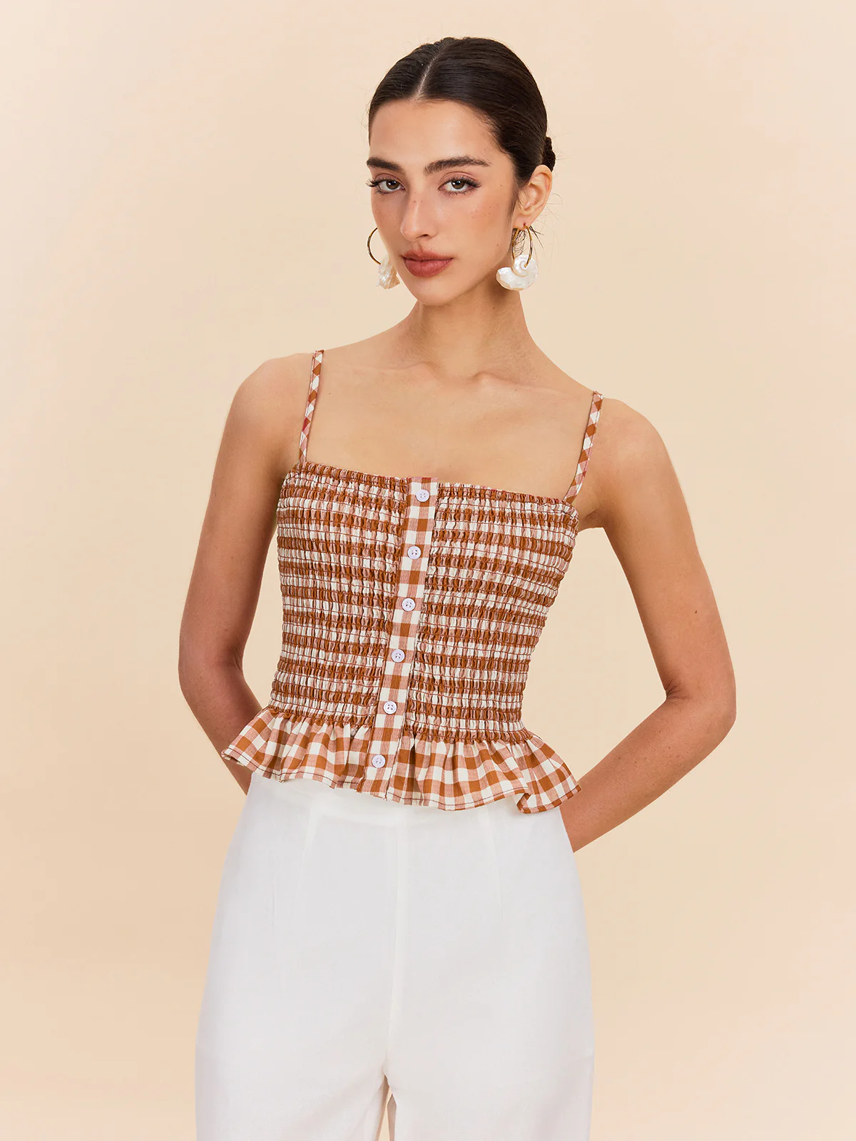 Gingham Smocked Peplum Cami Top - Takermore