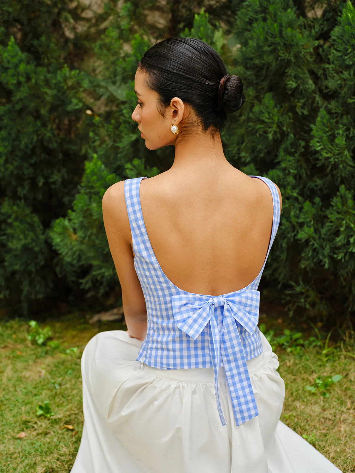 Checkerboard Bow Back Crop Top - Takermore